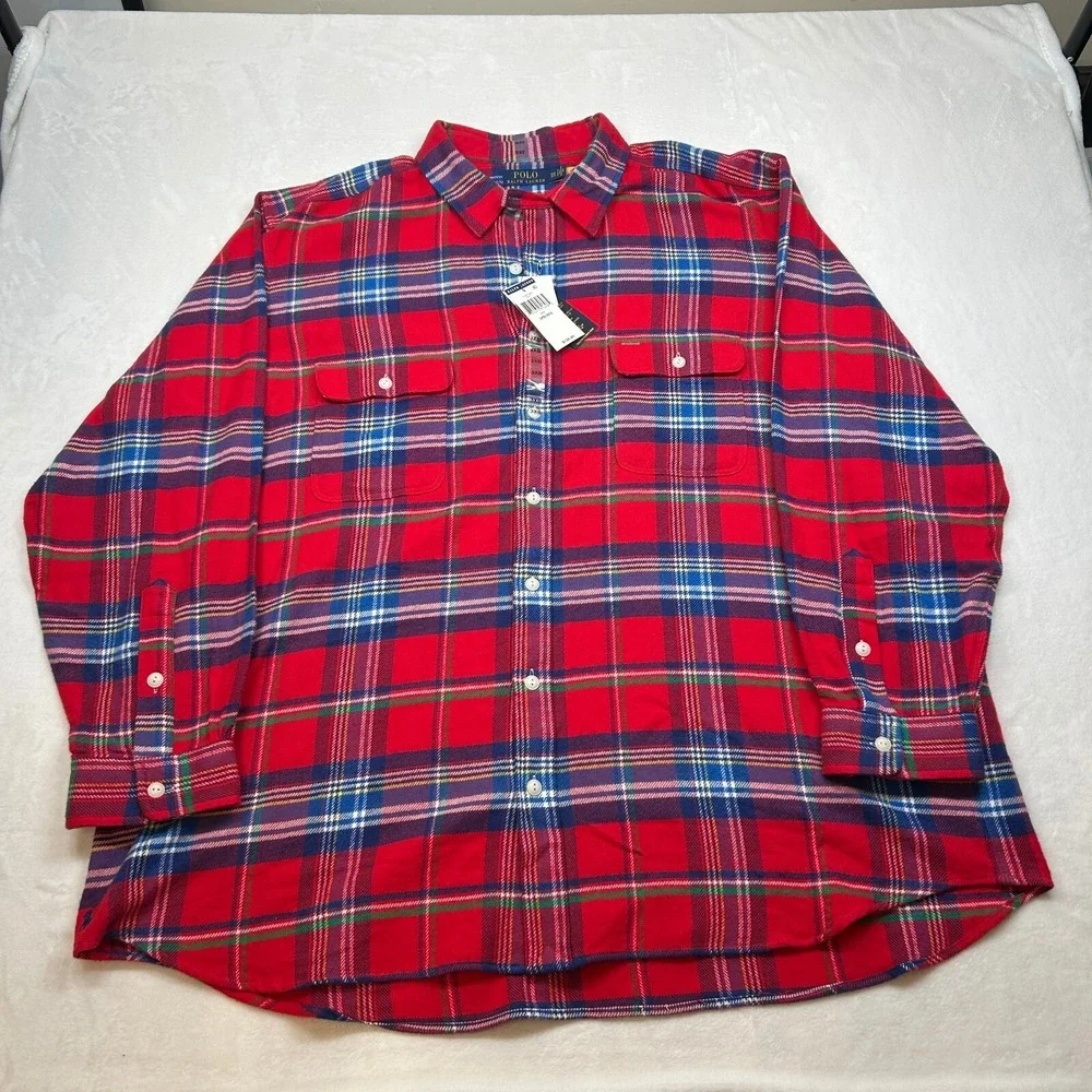 Polo Ralph Lauren Twill Sport Shirt Mens 3XB Big Tall Red Plaid Flannel $138 NEW